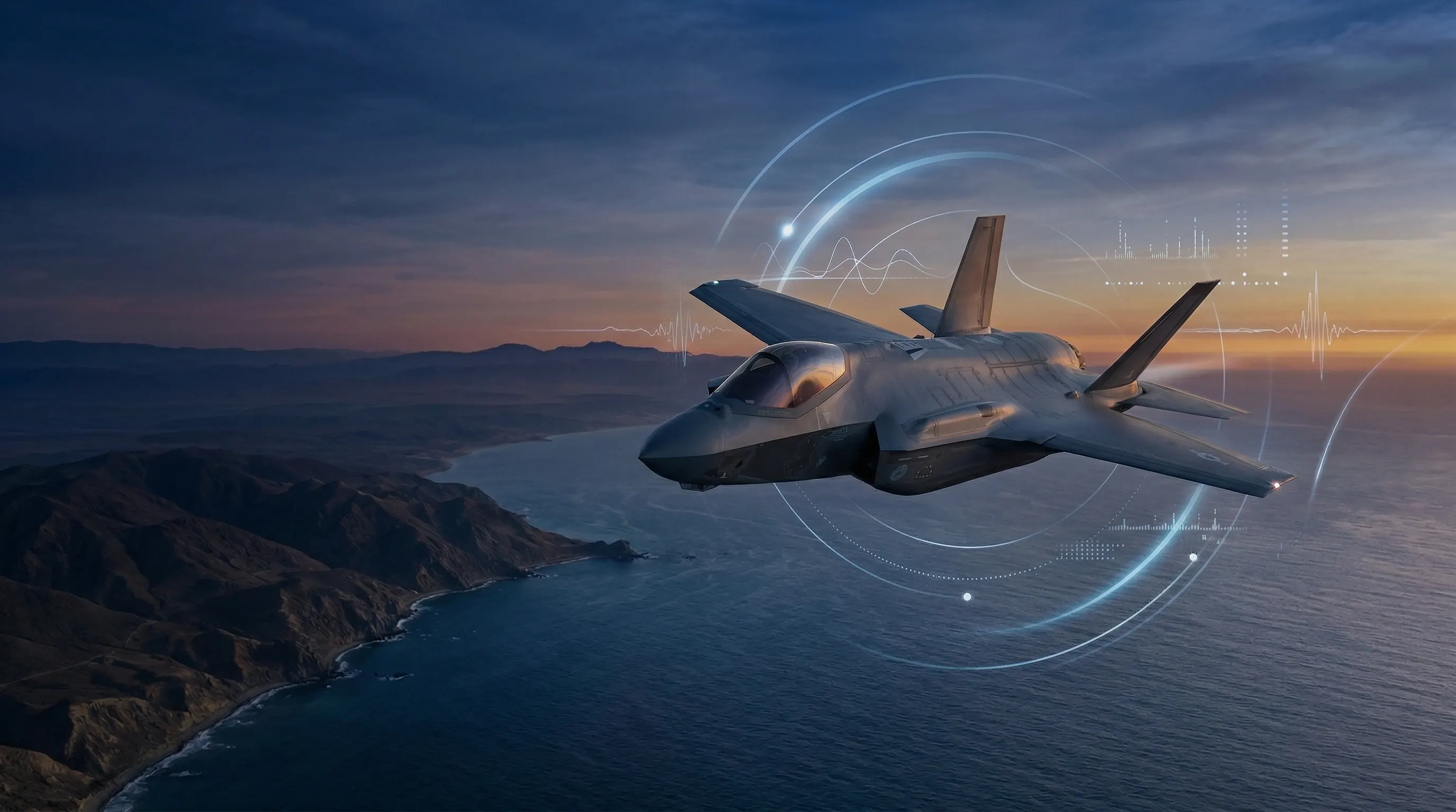 Aircraft RF mission profile over shoreline at night