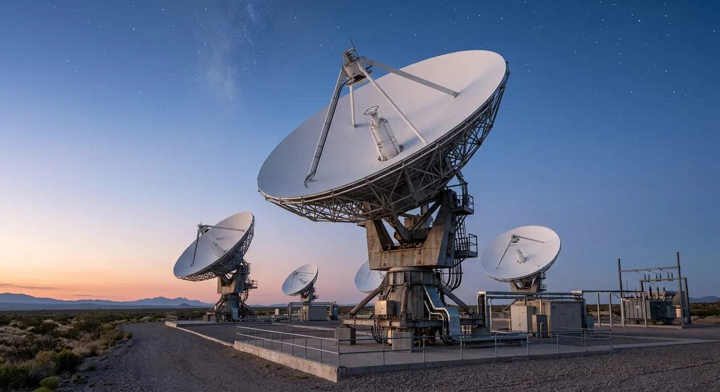 Satellite communication ground station at dusk